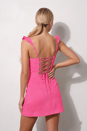 Hot Pink Sweetheart Sheath Ruffled Linen Homecoming Dress With Slit (3) | SHEISME