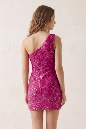 Hot Pink Bodycon One Shoulder Sequins Mini Party Dresses - SHEISME