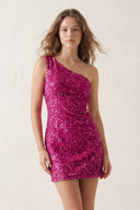 Hot Pink Bodycon One Shoulder Sequins Mini Party Dresses - SHEISME