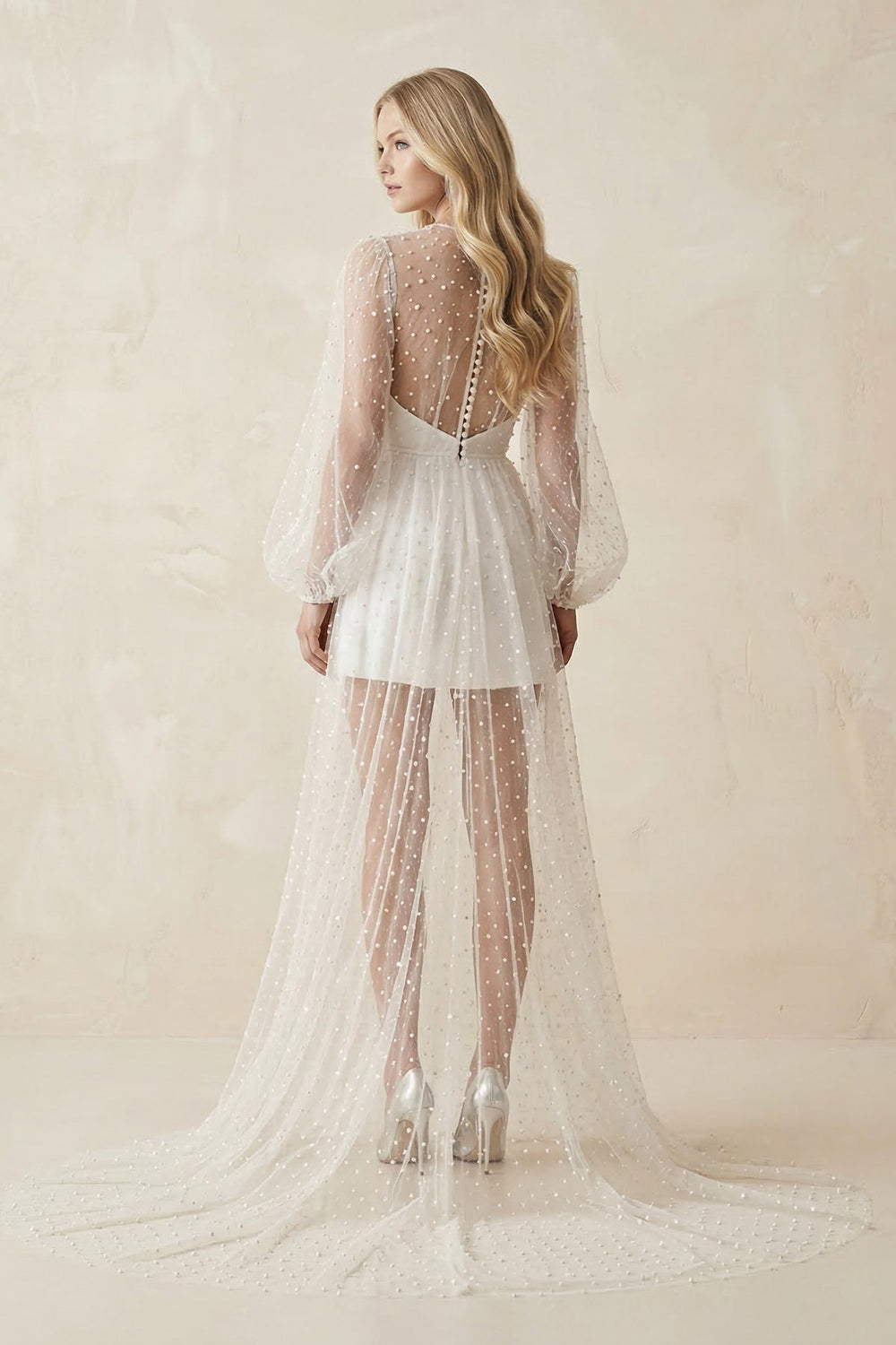 Illusion A - Line Long Sleeves Mini Wedding Dress With Beaded in White - SHE IS ME Wedding Dresses