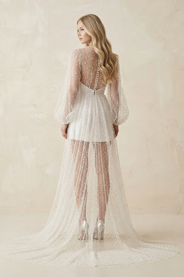 Illusion A - Line Long Sleeves Mini Wedding Dress With Beaded in White - SHE IS ME Wedding Dresses