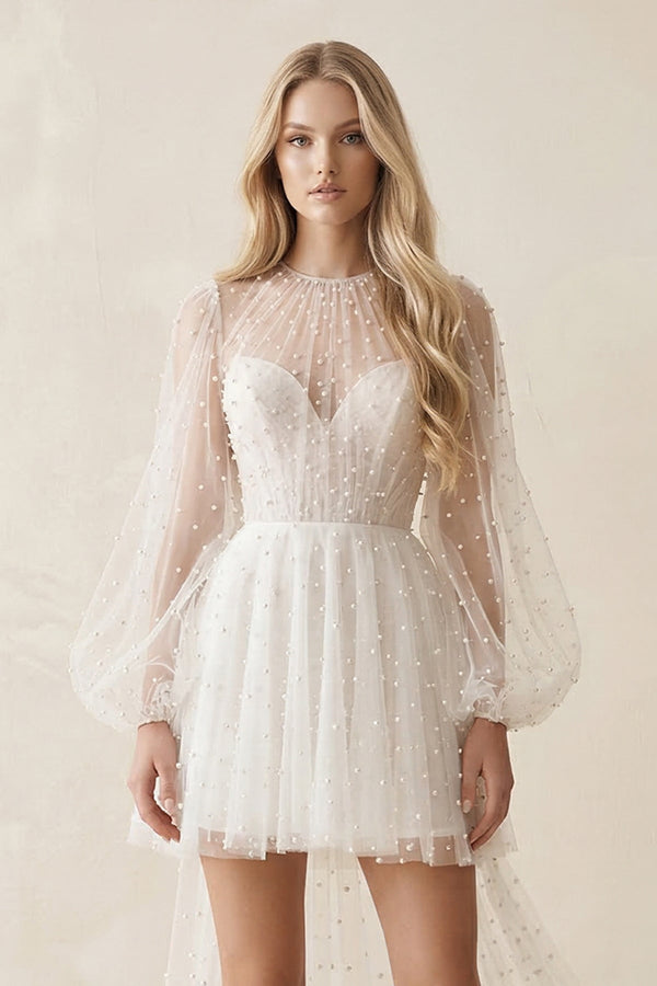 Illusion A - Line Long Sleeves Mini Wedding Dress With Beaded in White - SHE IS ME Wedding Dresses