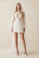 Illusion A - Line Long Sleeves Mini Wedding Dress With Beaded in White - SHE IS ME Wedding Dresses