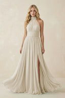 Illusion Halter A - Line Chiffon Bridesmaid Gown in Dove Gray - SHE IS ME Bridesmaid Dresses