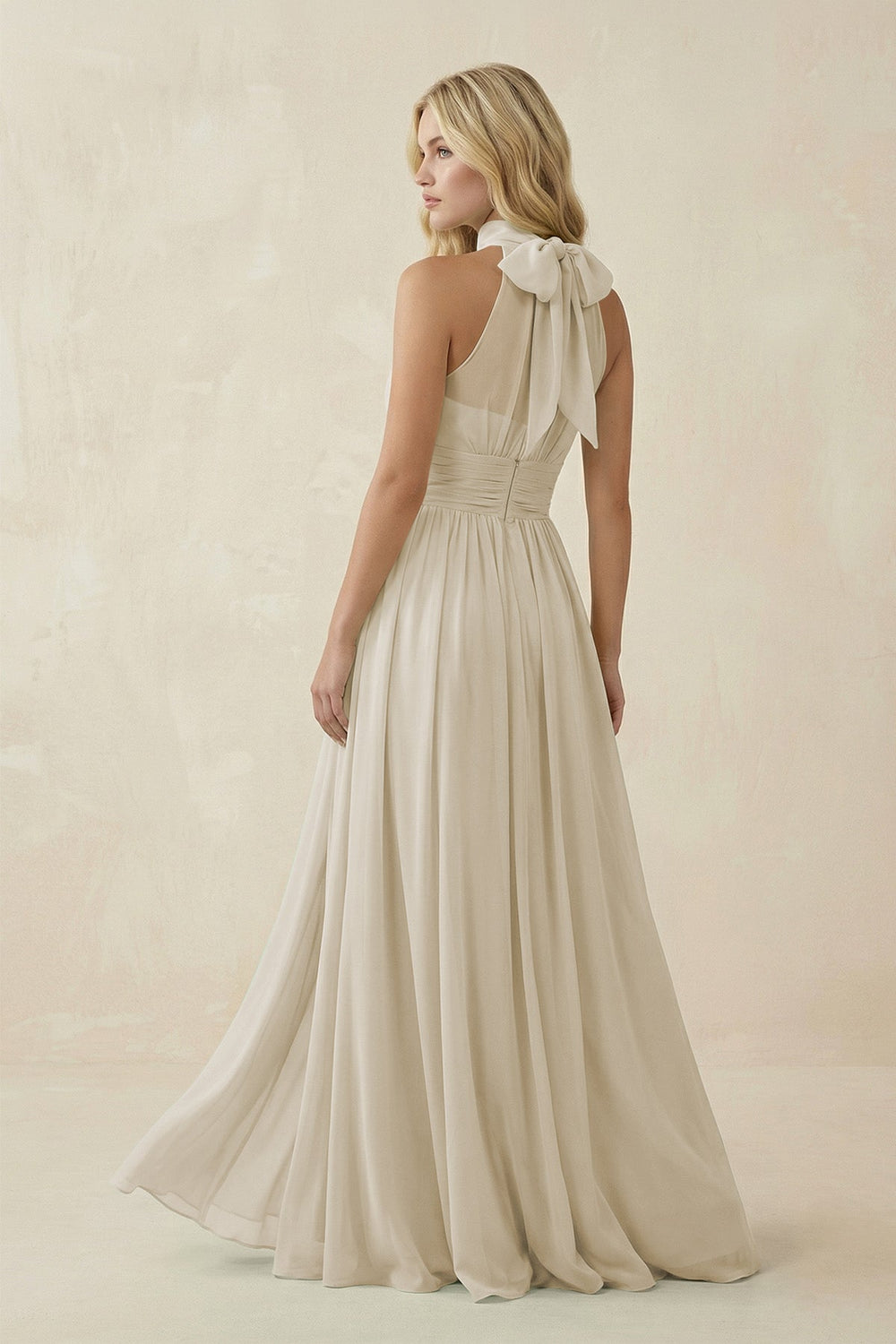 Illusion Halter A - Line Chiffon Bridesmaid Gown in Dove Gray - SHE IS ME Bridesmaid Dresses