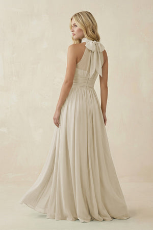 Illusion Halter A - Line Chiffon Bridesmaid Gown in Dove Gray - SHE IS ME Bridesmaid Dresses