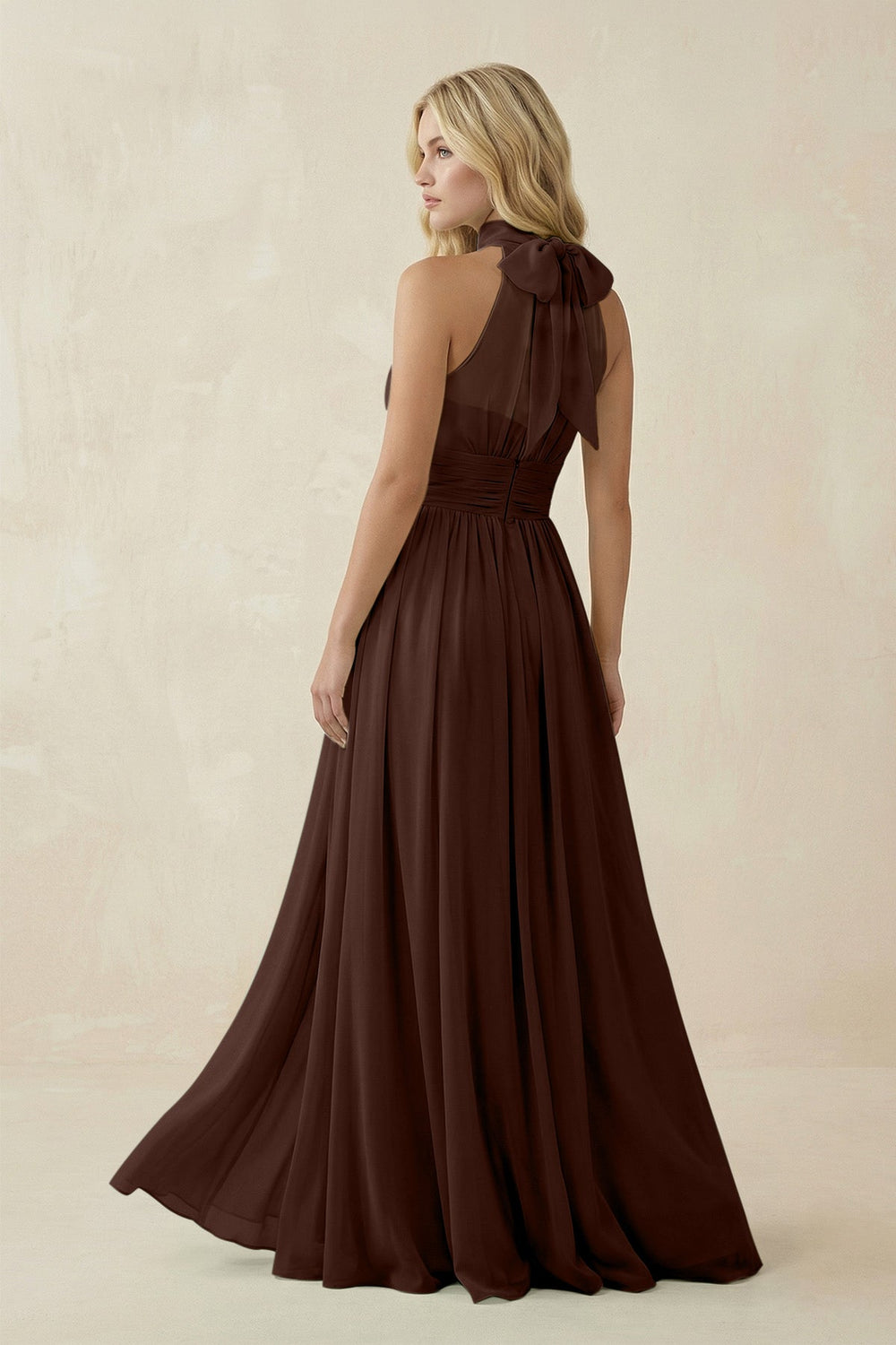 Illusion Halter A - Line Chiffon Bridesmaid Gown in Espresso - SHE IS ME Bridesmaid Dresses