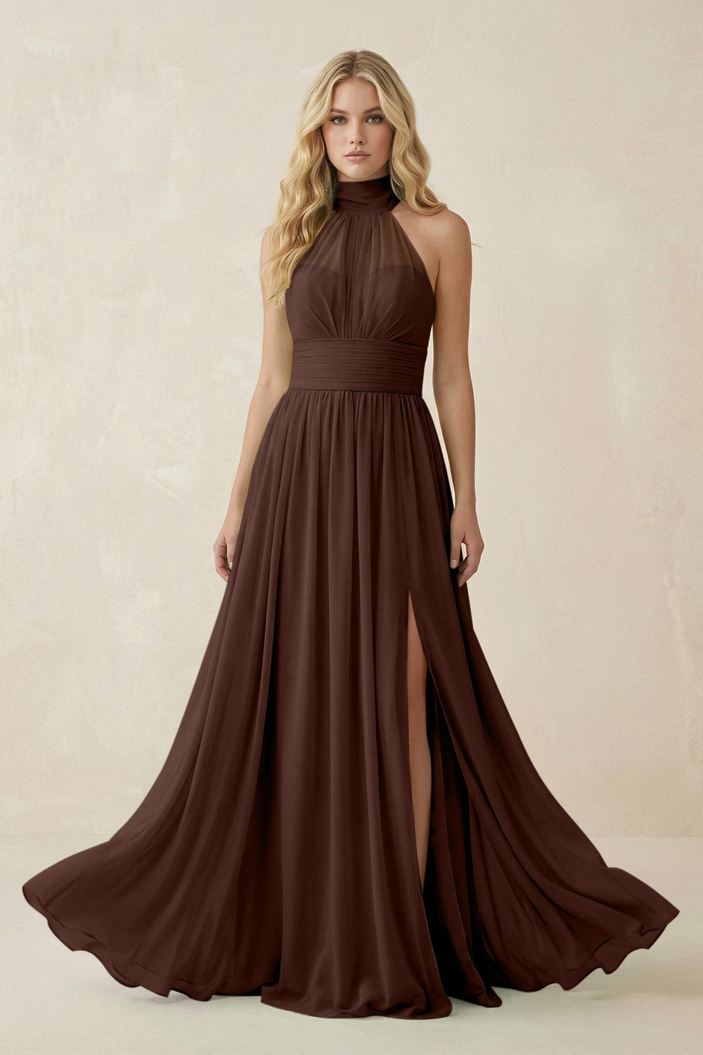 Illusion Halter A - Line Chiffon Bridesmaid Gown in Espresso - SHE IS ME Bridesmaid Dresses