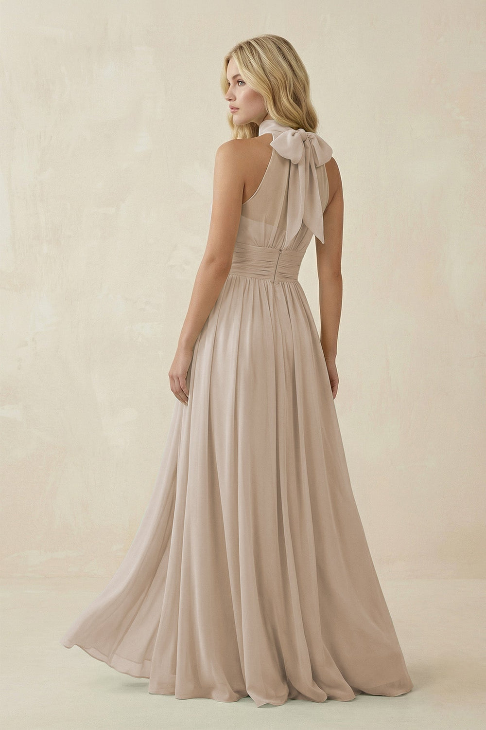 Illusion Halter A - Line Chiffon Bridesmaid Gown in Frost - SHE IS ME Bridesmaid Dresses