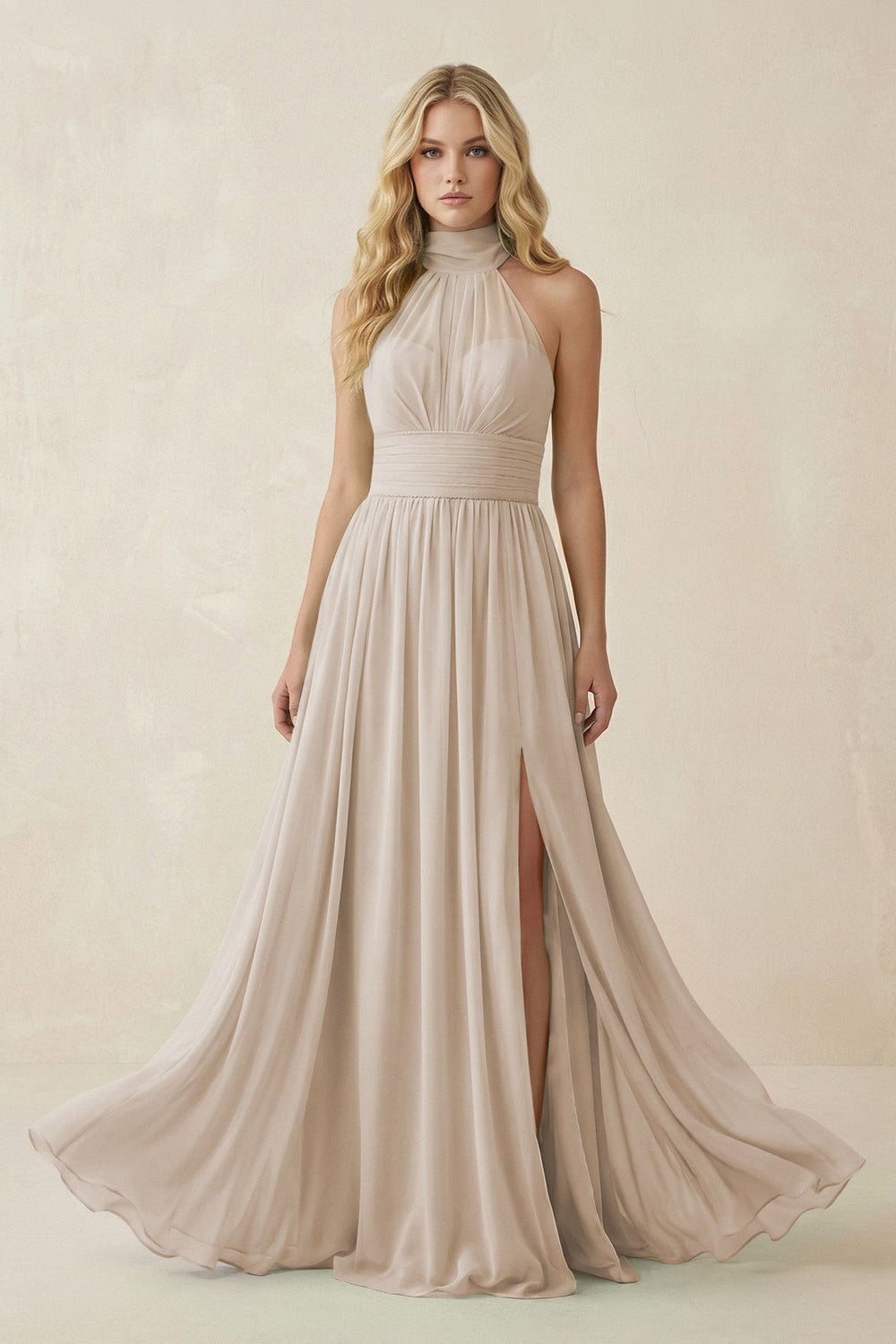 Illusion Halter A - Line Chiffon Bridesmaid Gown in Frost - SHE IS ME Bridesmaid Dresses