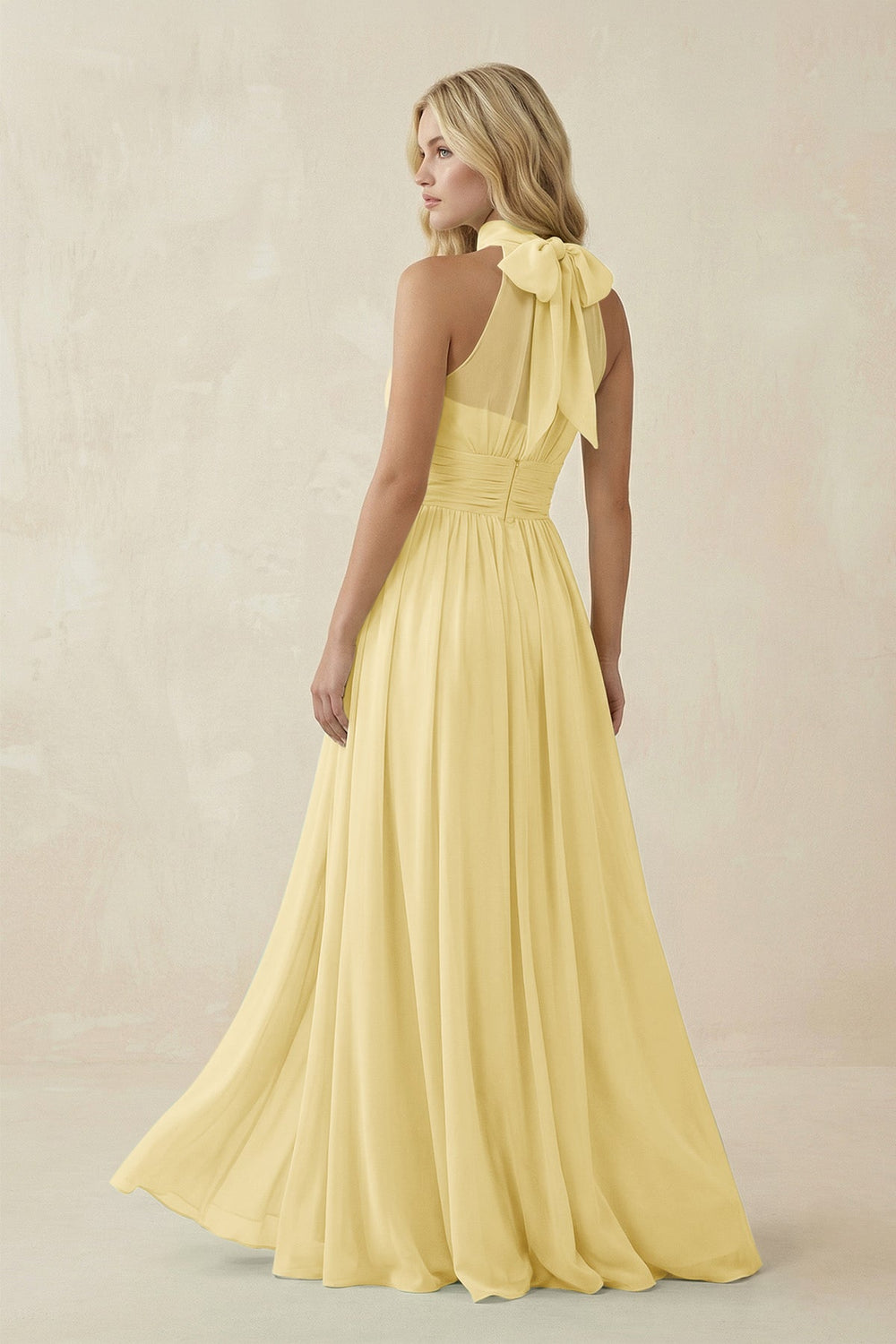 Illusion Halter A - Line Chiffon Bridesmaid Gown in Pastel Yellow - SHE IS ME Bridesmaid Dresses