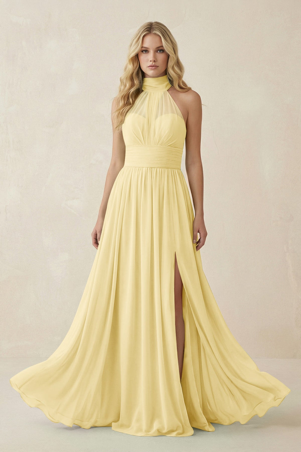 Illusion Halter A - Line Chiffon Bridesmaid Gown in Pastel Yellow - SHE IS ME Bridesmaid Dresses