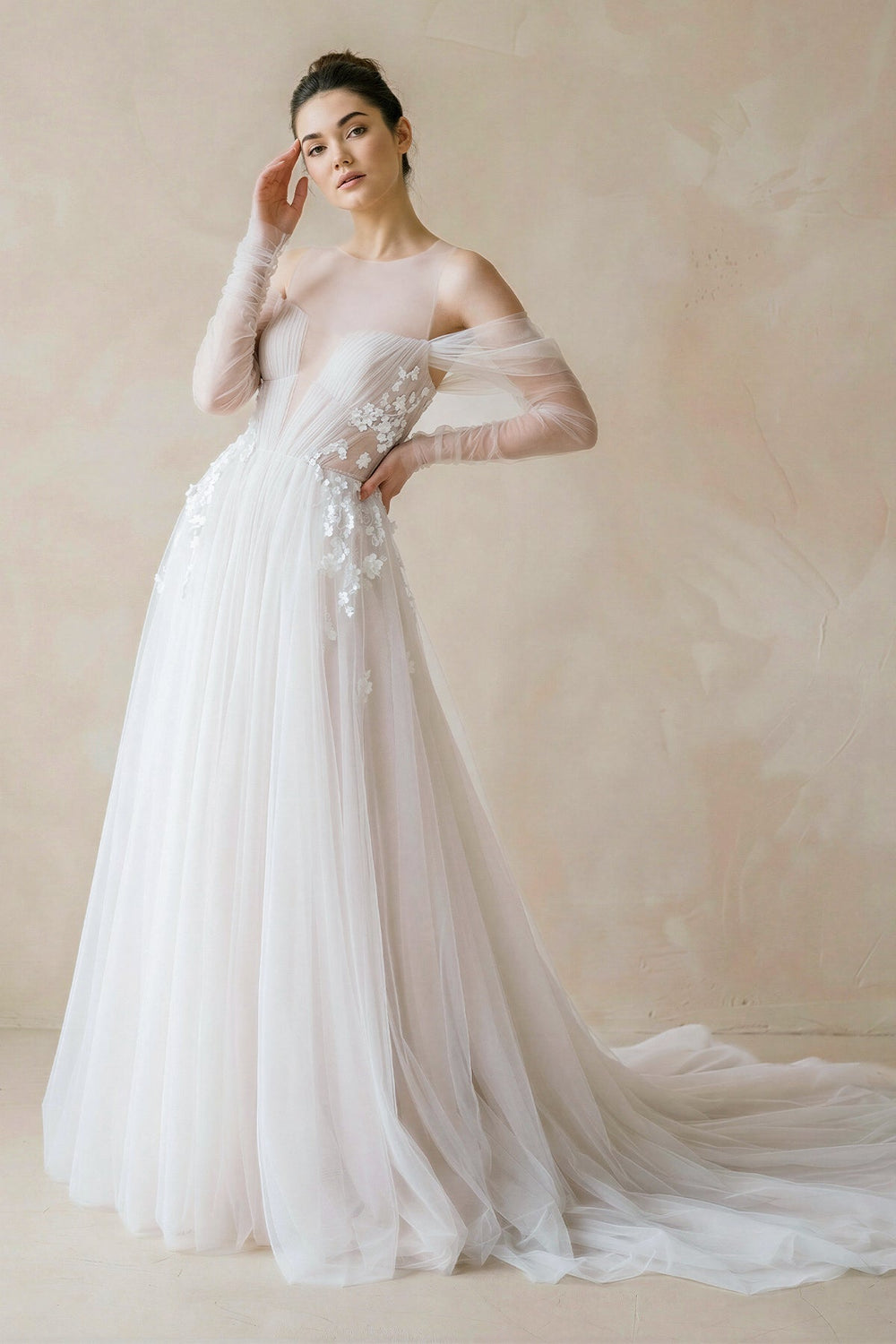 Illusion Long Sleeve A - Line Tulle Wedding Dress - SHE IS ME Wedding Dresses