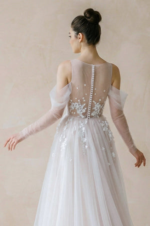 Illusion Long Sleeve A - Line Tulle Wedding Dress - SHE IS ME Wedding Dresses