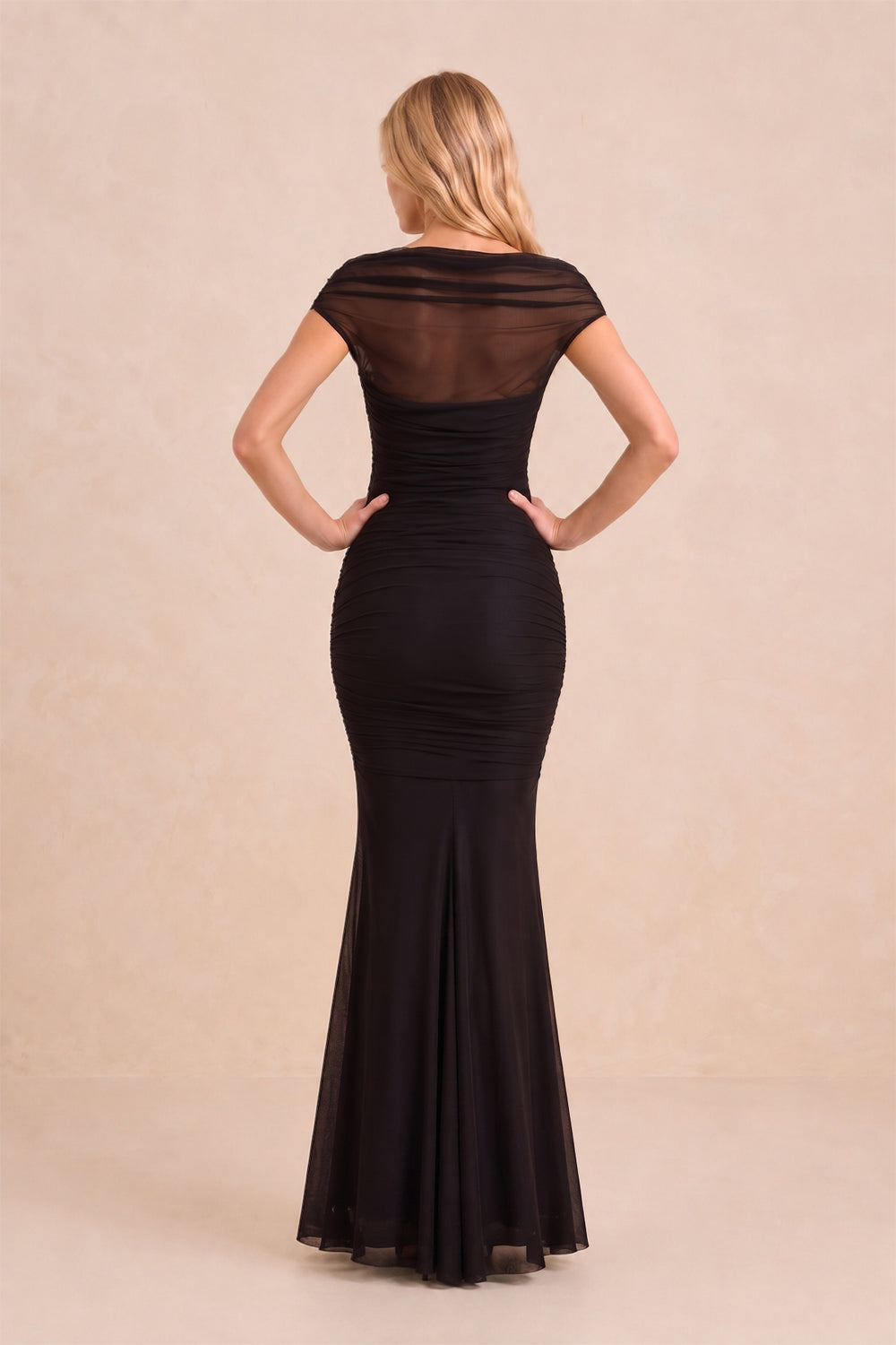 Illusion Mermaid Stretch Mesh Maxi Dress with Cap Sleeves in Black – SHE IS ME Dresses