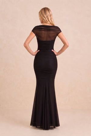 Illusion Mermaid Stretch Mesh Maxi Dress with Cap Sleeves in Black – SHE IS ME Dresses