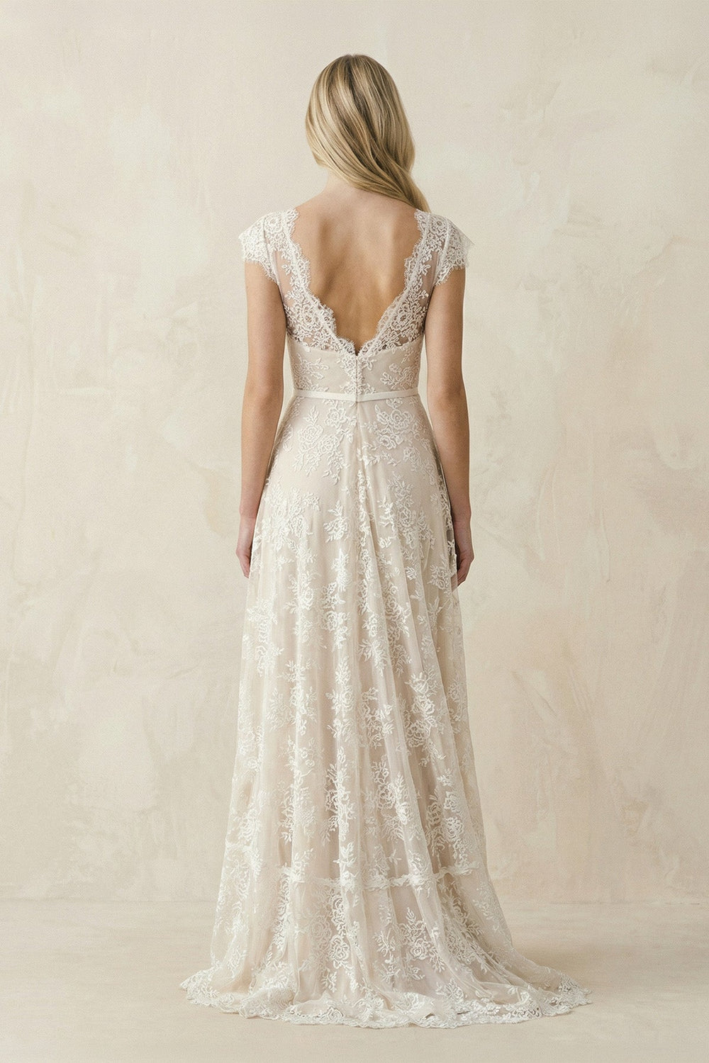 Illusion Neck A - Line Lace Ruched Wedding Dress in Ivory - SHE IS ME Wedding Dresses