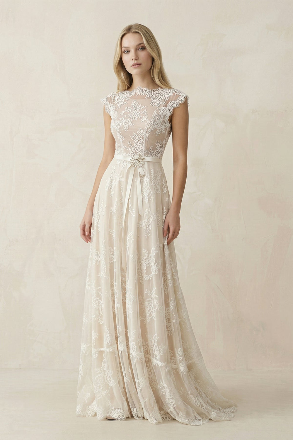 Illusion Neck A - Line Lace Ruched Wedding Dress in Ivory - SHE IS ME Wedding Dresses