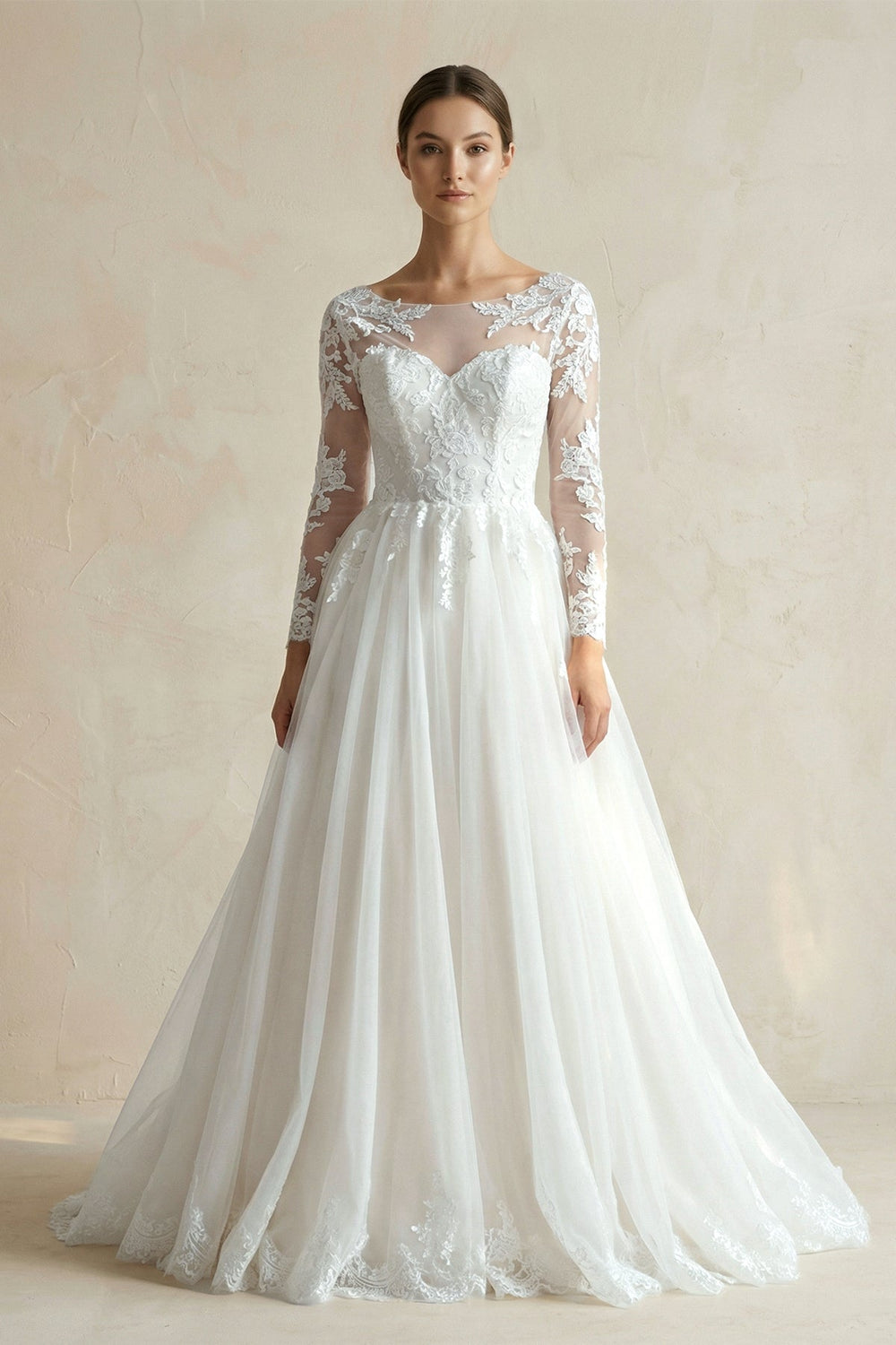 Illusion Neck A - Line Lace Tulle Wedding Dress in White - SHE IS ME Wedding Dresses