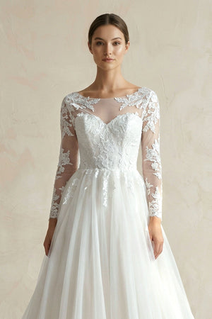 Illusion Neck A - Line Lace Tulle Wedding Dress in White - SHE IS ME Wedding Dresses