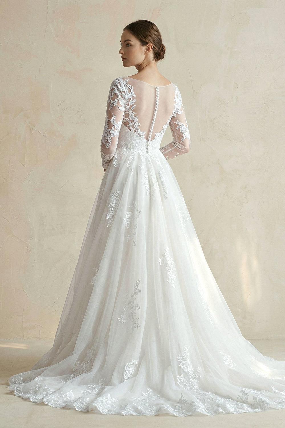 Illusion Neck A - Line Lace Tulle Wedding Dress in White - SHE IS ME Wedding Dresses