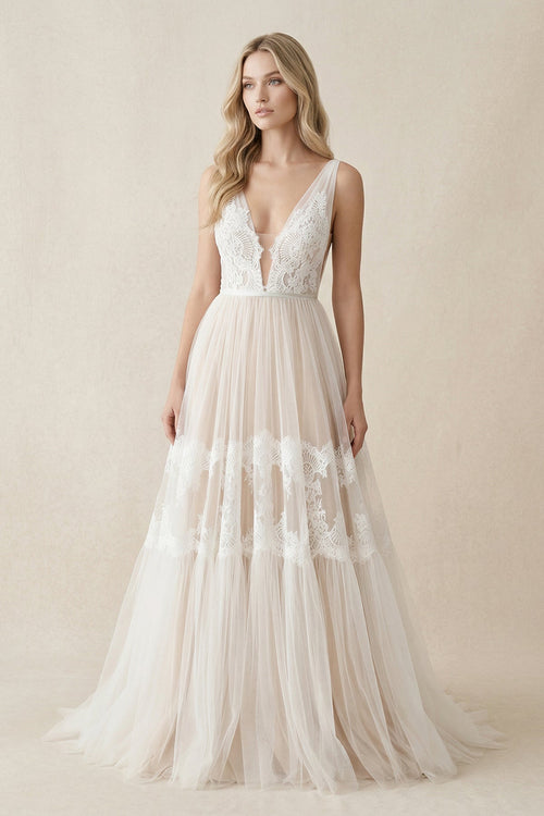 Illusion Neck A - Line Lace Wedding Dress in Ivory - SHE IS ME Wedding Dresses