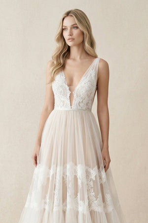Illusion Neck A - Line Lace Wedding Dress in Ivory - SHE IS ME Wedding Dresses