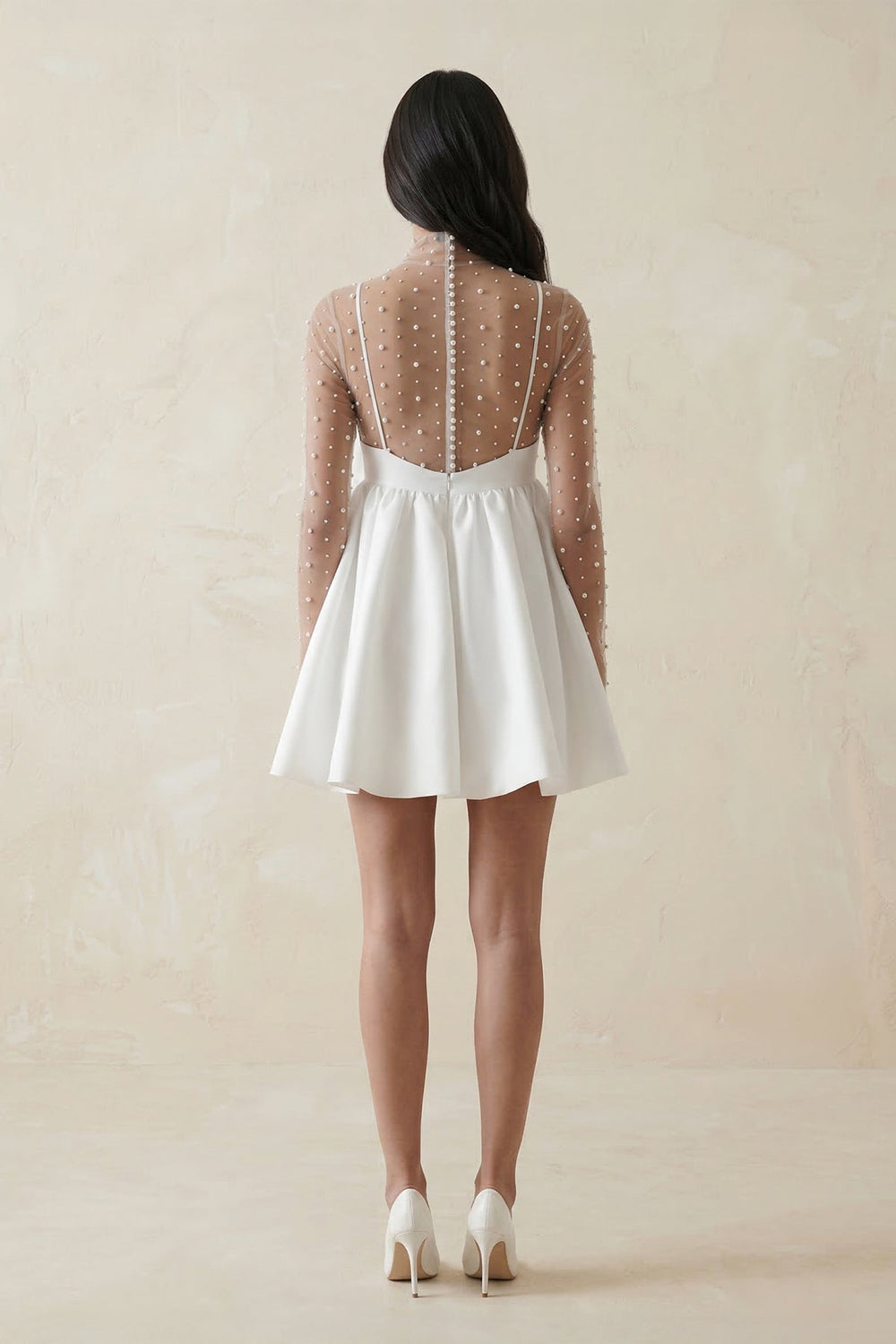 Illusion Neck A - Line Satin Bow Mini Wedding Dress With Pearl in White - SHE IS ME Wedding Dresses