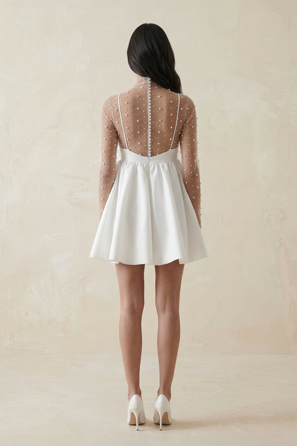 Illusion Neck A - Line Satin Bow Mini Wedding Dress With Pearl in White - SHE IS ME Wedding Dresses