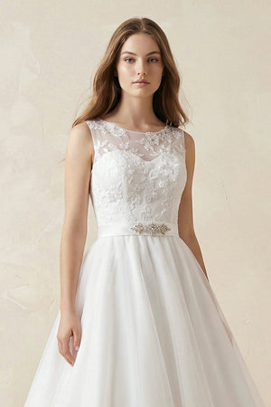 Illusion Neck A - Line Tulle Appliqued Midi Wedding Dress With Bow in White - SHE IS ME Wedding Dresses