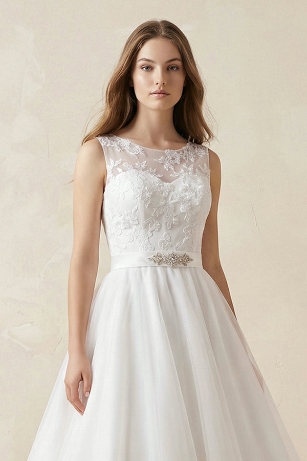 Illusion Neck A - Line Tulle Appliqued Midi Wedding Dress With Bow in White - SHE IS ME Wedding Dresses