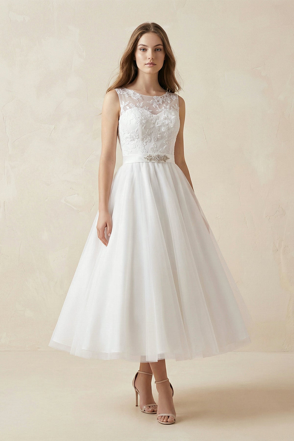 Illusion Neck A - Line Tulle Appliqued Midi Wedding Dress With Bow in White - SHE IS ME Wedding Dresses