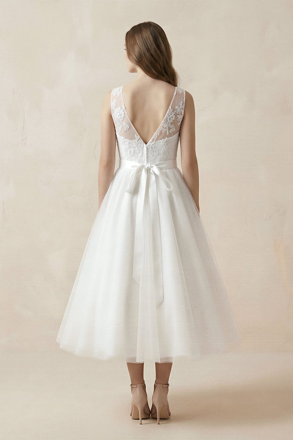 Illusion Neck A - Line Tulle Appliqued Midi Wedding Dress With Bow in White - SHE IS ME Wedding Dresses