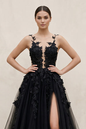 Illusion Neck A - Line Tulle Appliqued Wedding Dress in Black - SHE IS ME Wedding Dresses