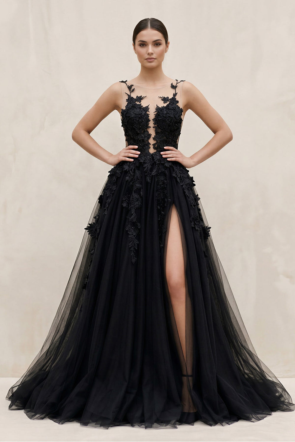 Illusion Neck A - Line Tulle Appliqued Wedding Dress in Black - SHE IS ME Wedding Dresses