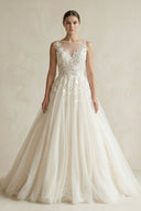 Illusion Neck Appliqued Tulle Wedding Gown in White - SHE IS ME Wedding Dresses