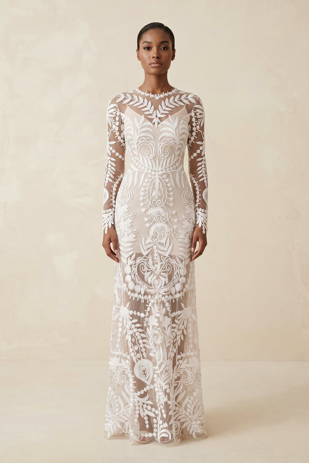 Illusion Neck Lace Sheath Long Sleeves Wedding Dress in White and Nude - SHE IS ME Wedding Dresses