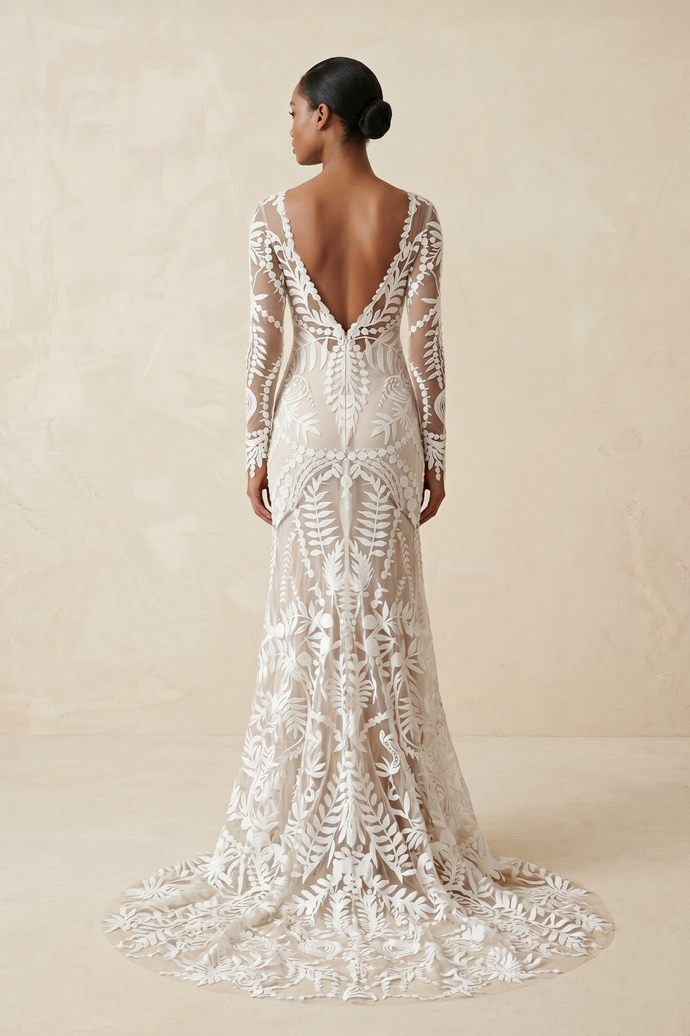 Illusion Neck Lace Sheath Long Sleeves Wedding Dress in White and Nude - SHE IS ME Wedding Dresses