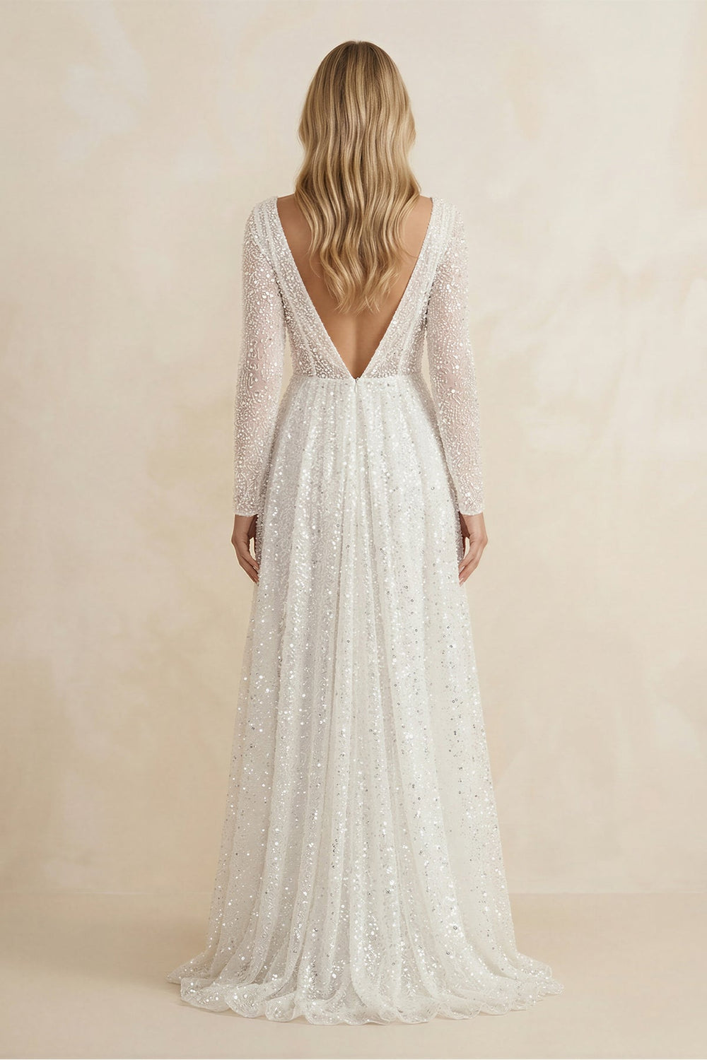 Illusion Neck Sequined A - Line Wedding Dress With Long Sleeves in Ivory - SHE IS ME Wedding Dresses