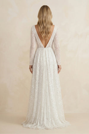 Illusion Neck Sequined A - Line Wedding Dress With Long Sleeves in Ivory - SHE IS ME Wedding Dresses