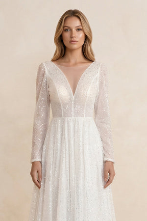 Illusion Neck Sequined A - Line Wedding Dress With Long Sleeves in Ivory - SHE IS ME Wedding Dresses