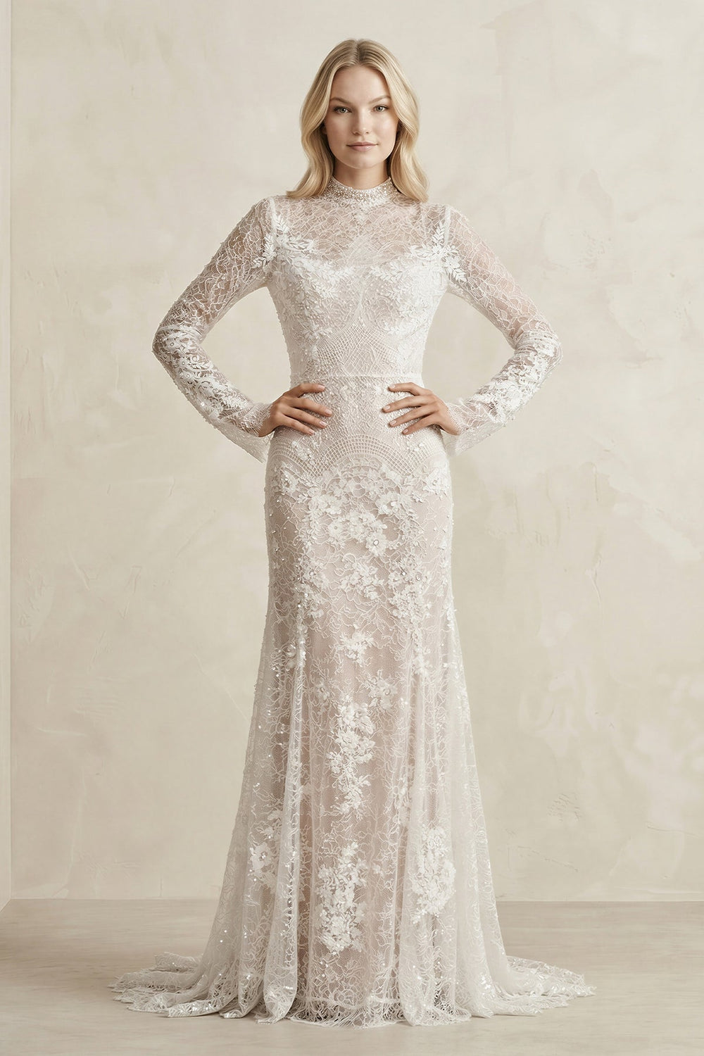 Illusion Neck Sheath Lace Long Sleeves Wedding Dress in White - SHE IS ME Wedding Dresses