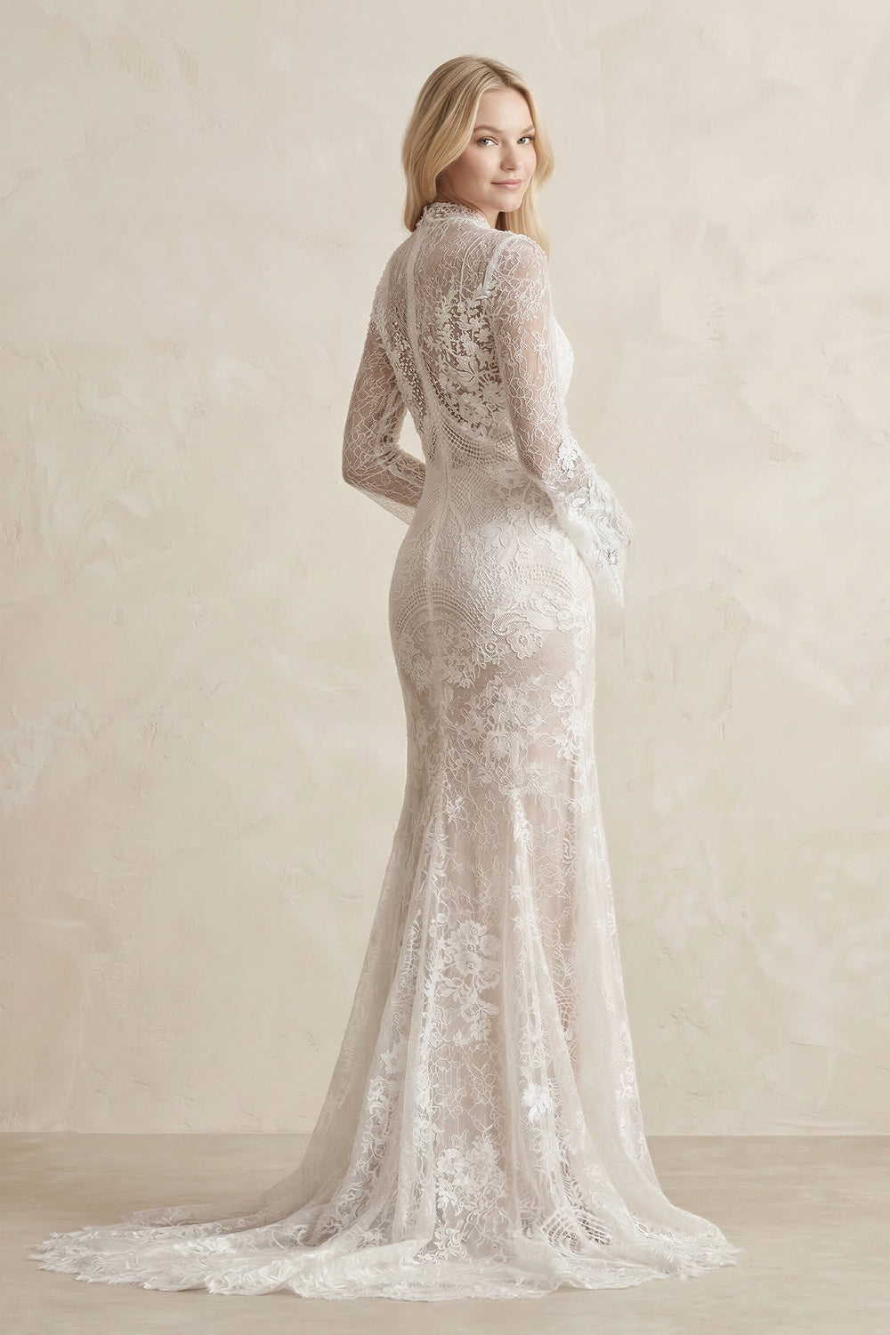 Illusion Neck Sheath Lace Long Sleeves Wedding Dress in White - SHE IS ME Wedding Dresses