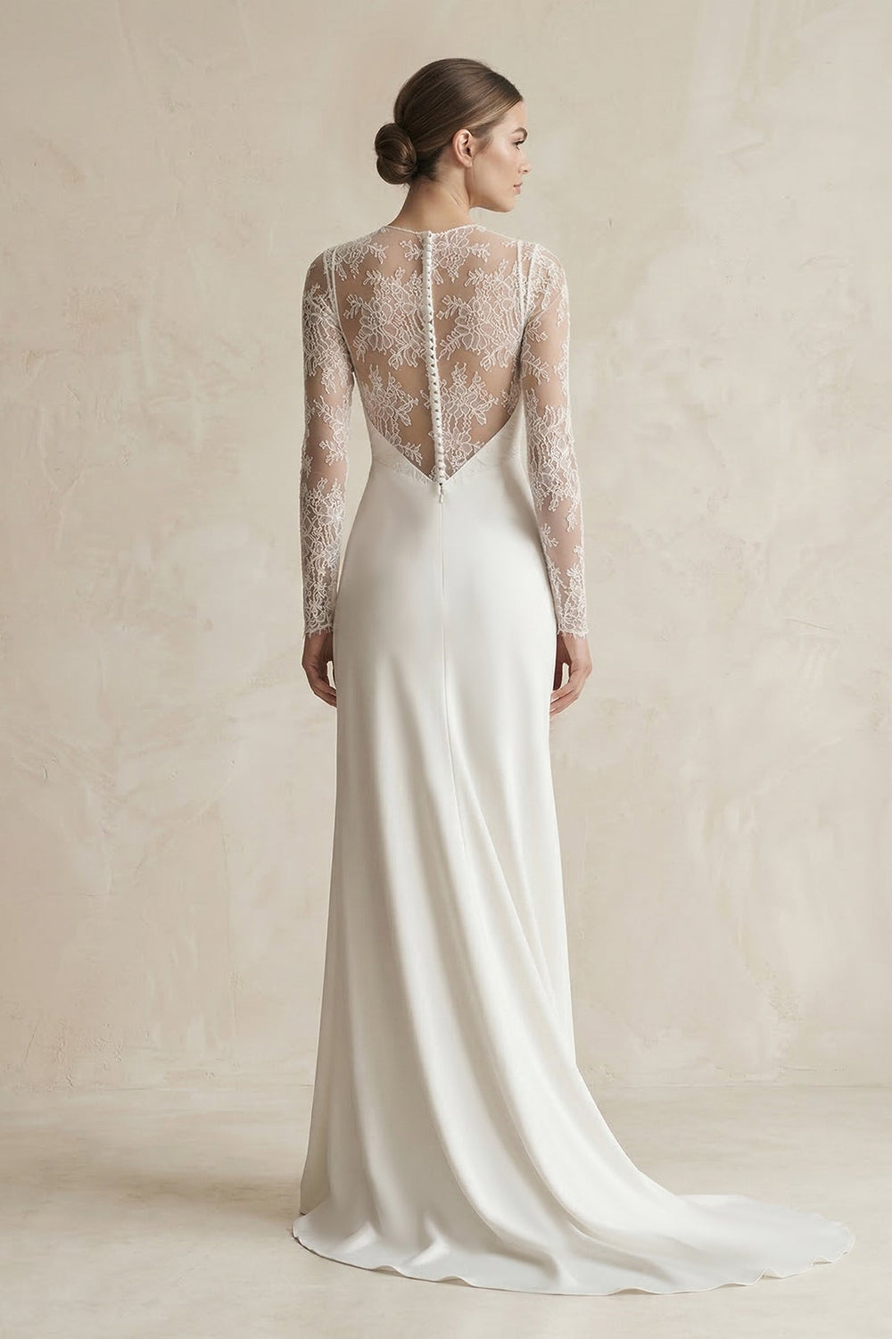 Illusion Neck Sheath Satin Appliqued Wedding Dress in White - SHE IS ME Wedding Dresses