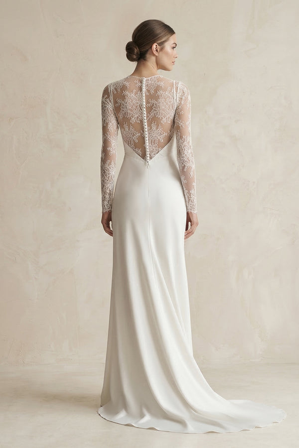 Illusion Neck Sheath Satin Appliqued Wedding Dress in White - SHE IS ME Wedding Dresses