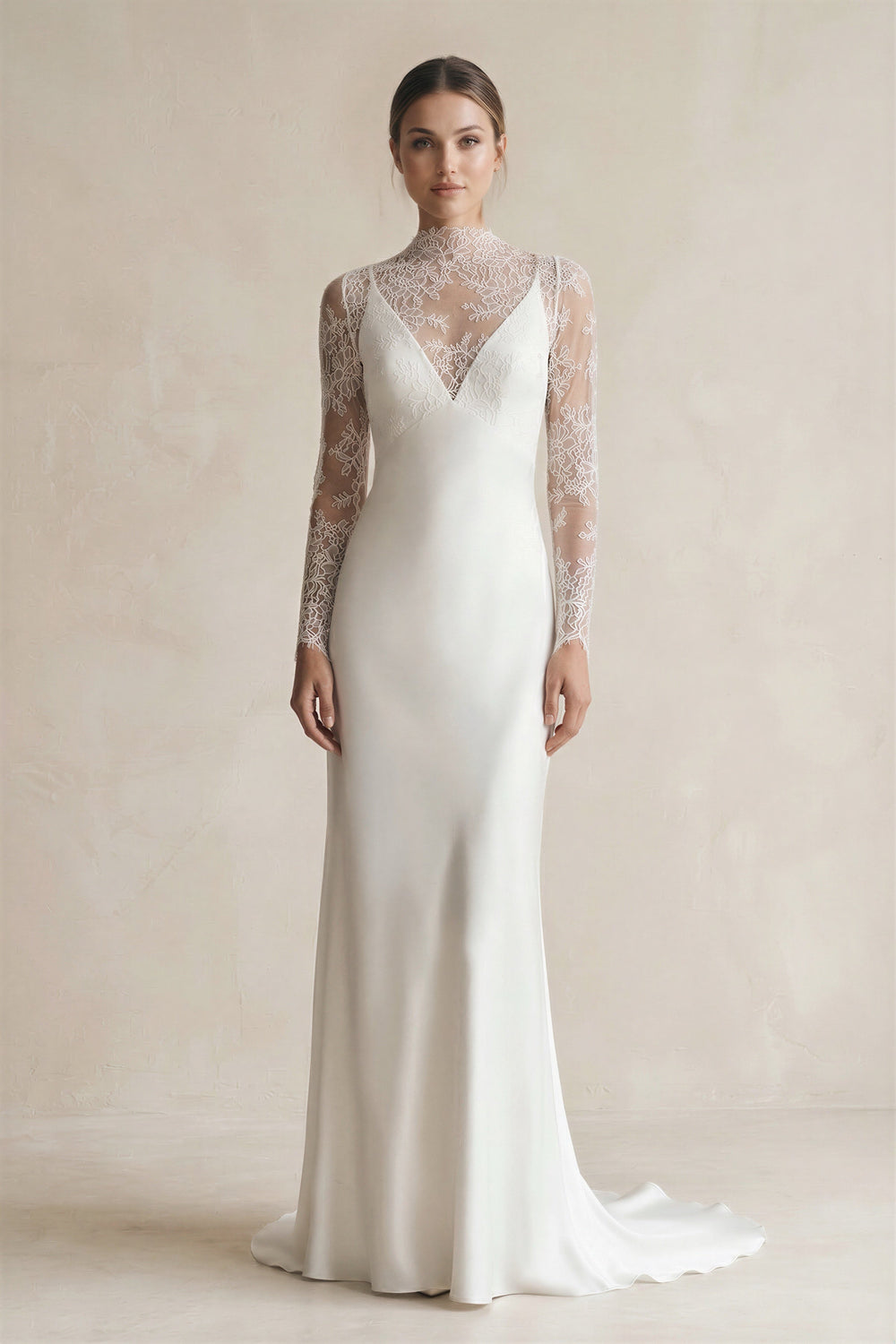 Illusion Neck Sheath Satin Appliqued Wedding Dress in White - SHE IS ME Wedding Dresses