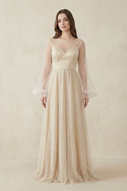 Illusion Neck Tulle A - Line Long Sleeve Wedding Dress With Pearl in White - Nude - SHE IS ME Wedding Dresses