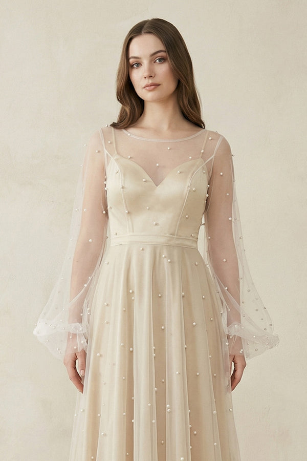 Illusion Neck Tulle A - Line Long Sleeve Wedding Dress With Pearl in White - Nude - SHE IS ME Wedding Dresses