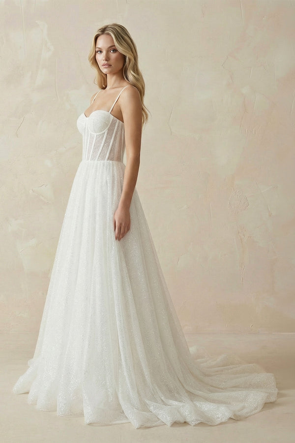 Ivory A - Line Glitter Tulle Wedding Dress - SHE IS ME Wedding Dresses