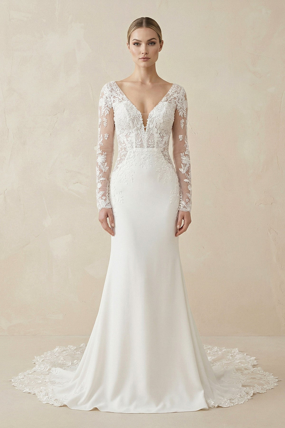 Ivory Lace Long Sleeve Mermaid Wedding Dress - SHE IS ME Wedding Dresses